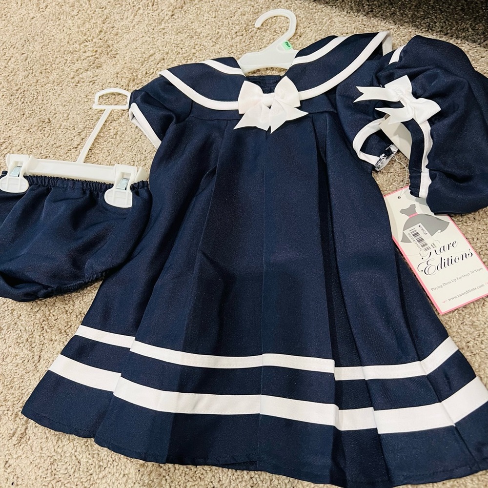 Perfect 3piece. Navy sailor. 18mos. Dress, hat, diaper cover.